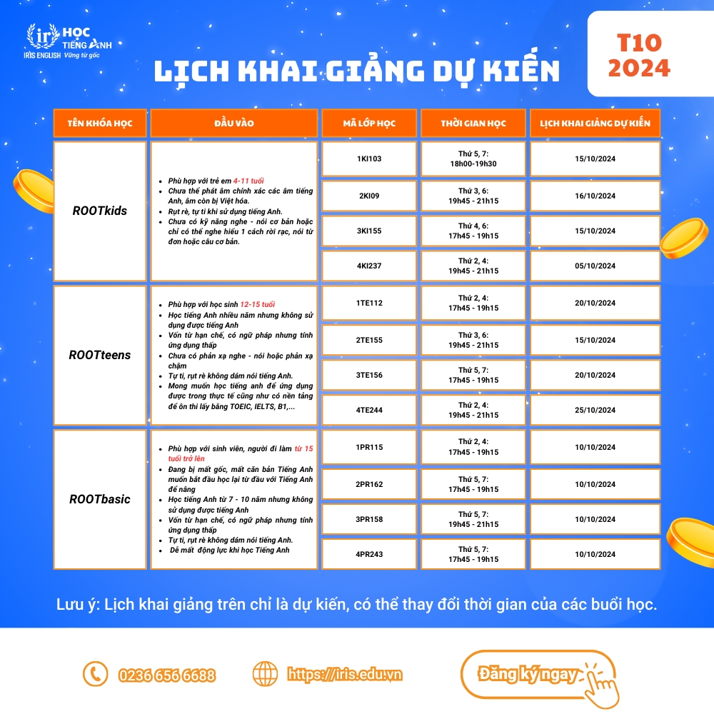 IRIS English – Lịch khai giảng dự kiến tháng 10/2024 1 Tìm hiểu về lịch khai giảng dự kiến tháng 10/2024