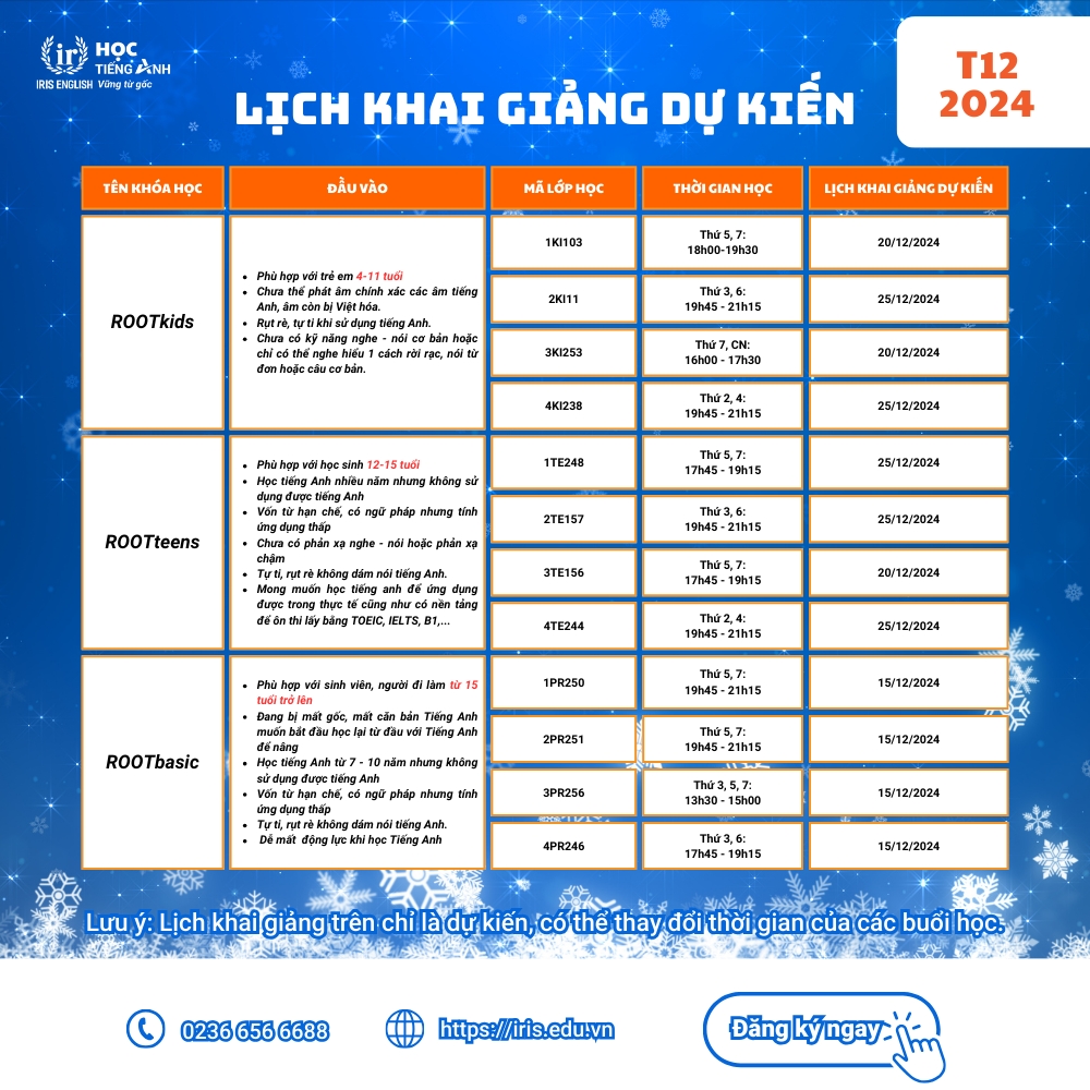 IRIS English – Lịch khai giảng dự kiến tháng 12/2024 2 Lịch khai giảng dự kiến tháng 12/2024