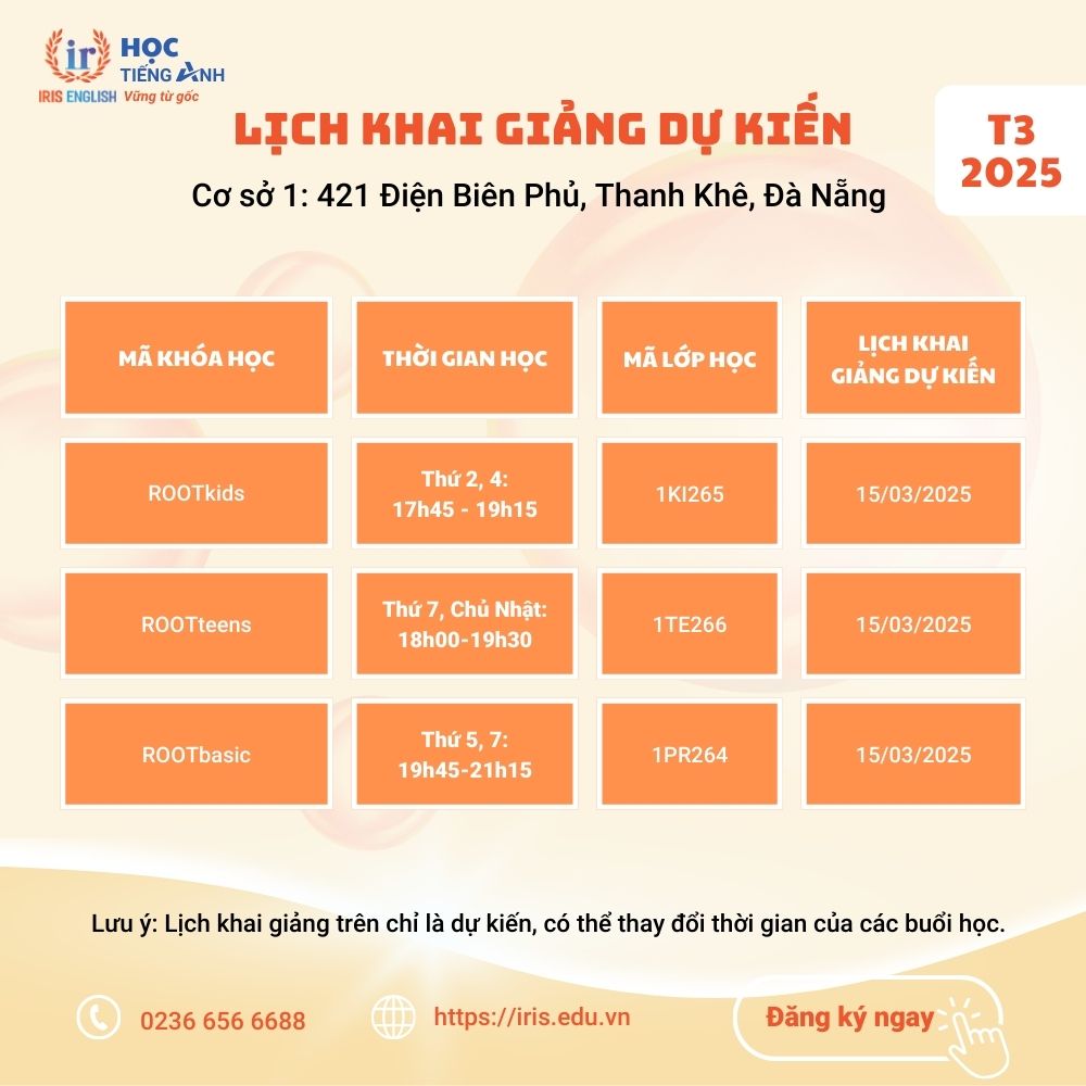 IRIS English – Lịch khai giảng dự kiến tháng 3/2025 1 Lịch khai giảng dự kiến tháng 3/2025 tại cơ sở 1