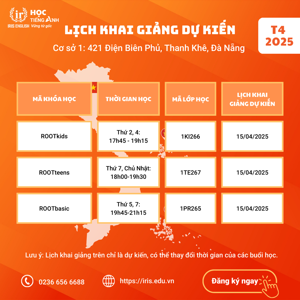 IRIS English – Lịch khai giảng dự kiến tháng 4/2025 1 Lịch khai giảng dự kiến tháng 4/2025 tại cơ sở 1