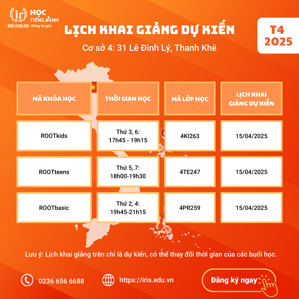 IRIS English – Lịch khai giảng dự kiến tháng 4/2025 4 Lịch khai giảng dự kiến tháng 4/2025 tại cơ sở 4