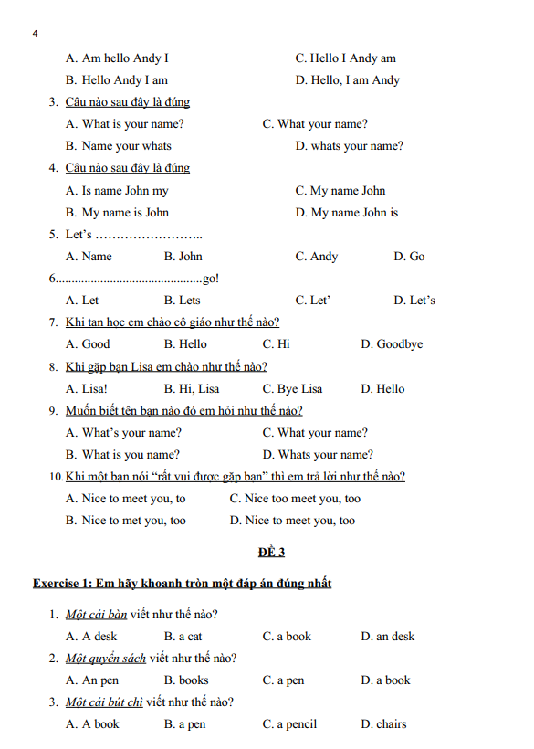 Bài tập ôn hè lớp 3 lên lớp 4 môn tiếng Anh (PDF tải xuống) 4 Bài tập ôn hè lớp 3 lên lớp 4 môn tiếng Anh (PDF tải xuống)