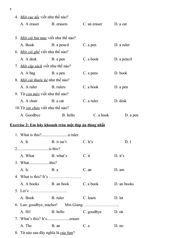 Bài tập ôn hè lớp 3 lên lớp 4 môn tiếng Anh (PDF tải xuống) 5 Bài tập ôn hè lớp 3 lên lớp 4 môn tiếng Anh (PDF tải xuống)