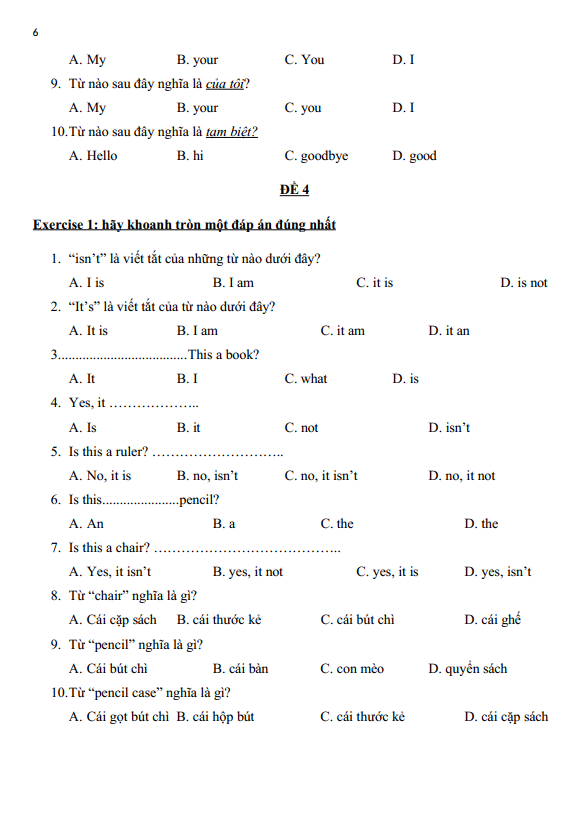 Bài tập ôn hè lớp 3 lên lớp 4 môn tiếng Anh (PDF tải xuống) 6 Bài tập ôn hè lớp 3 lên lớp 4 môn tiếng Anh (PDF tải xuống)