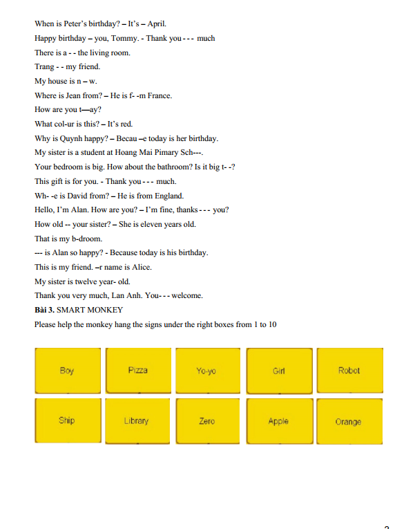 Bài tập ôn hè lớp 4 lên lớp 5 môn tiếng Anh (PDF tải xuống) 3 Bài tập ôn hè lớp 4 lên lớp 5 môn tiếng Anh (PDF tải xuống)