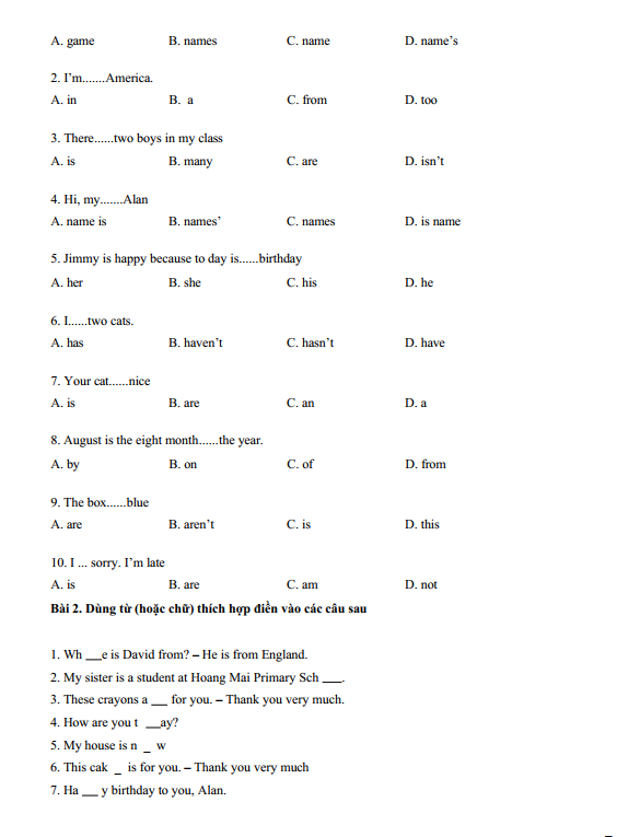 Bài tập ôn hè lớp 4 lên lớp 5 môn tiếng Anh (PDF tải xuống) 7 Bài tập ôn hè lớp 4 lên lớp 5 môn tiếng Anh (PDF tải xuống)