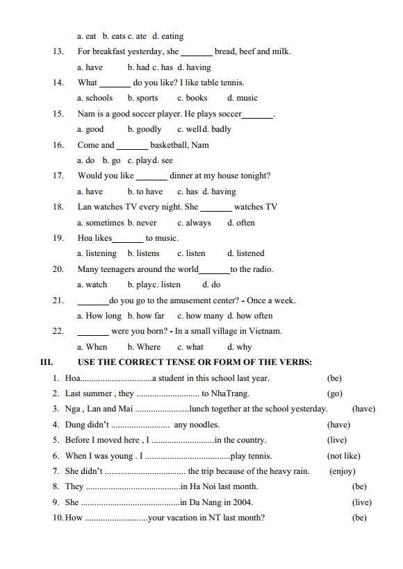 Bài tập ôn hè lớp 5 lên lớp 6 môn tiếng Anh (PDF tải xuống) 7 Bài tập ôn hè lớp 5 lên lớp 6 môn tiếng Anh (PDF tải xuống)