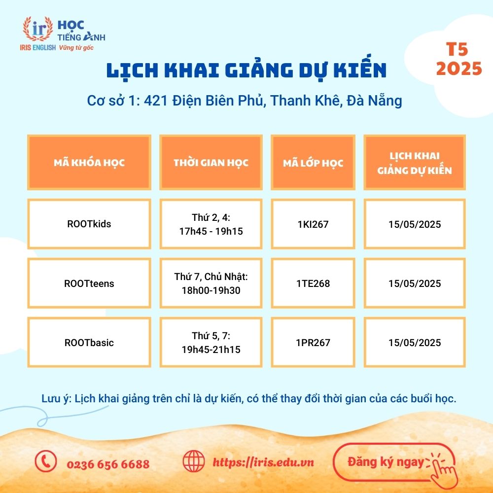 IRIS English – Lịch khai giảng dự kiến tháng 5/2025 1 Lịch khai giảng dự kiến tháng 5/2025 tại cơ sở 1