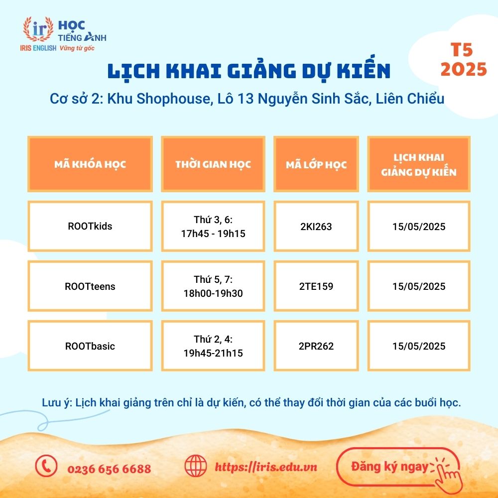 IRIS English – Lịch khai giảng dự kiến tháng 5/2025 2 Lịch khai giảng dự kiến tháng 5/2025 tại cơ sở 2
