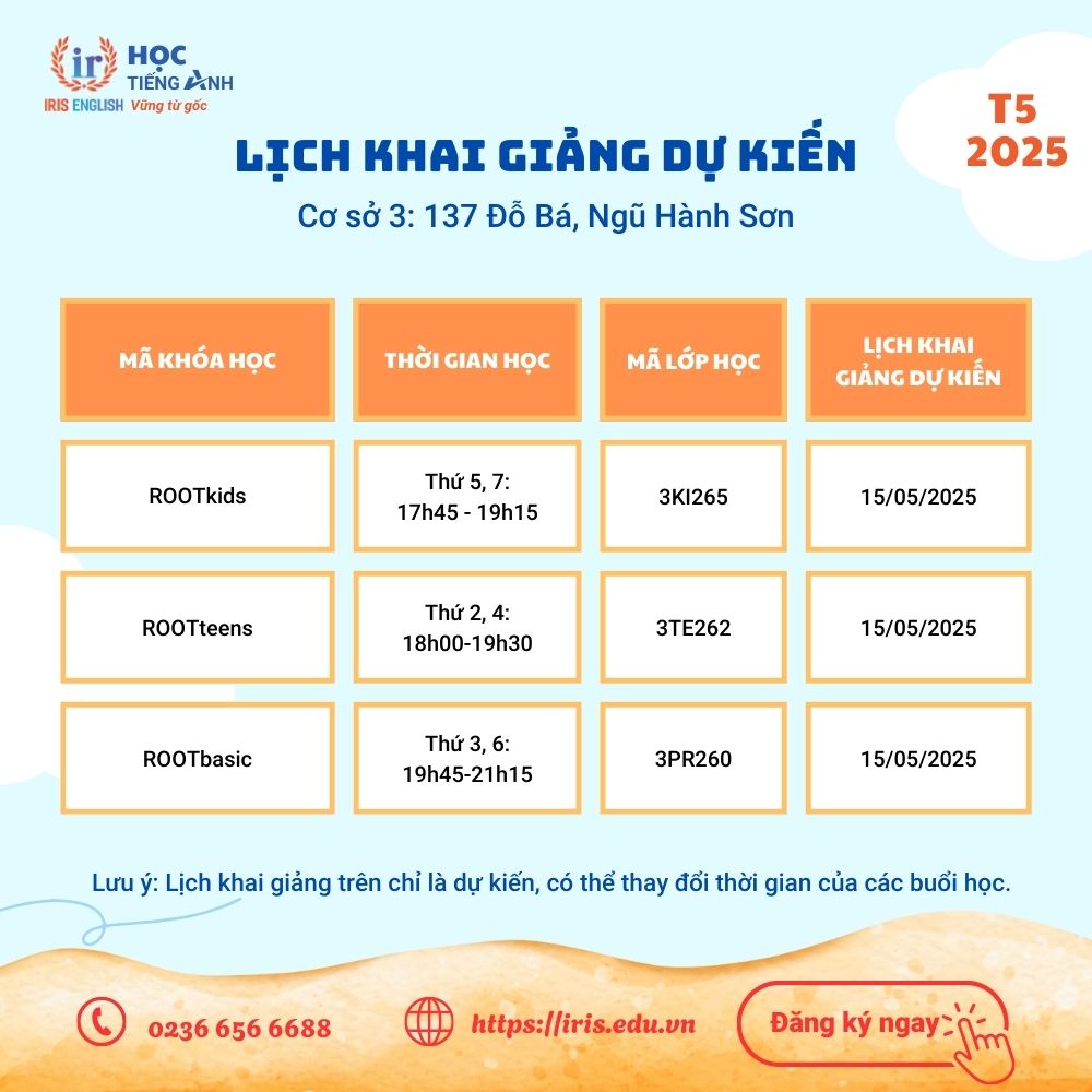 IRIS English – Lịch khai giảng dự kiến tháng 5/2025 3 Lịch khai giảng dự kiến tháng 5/2025 tại cơ sở 3