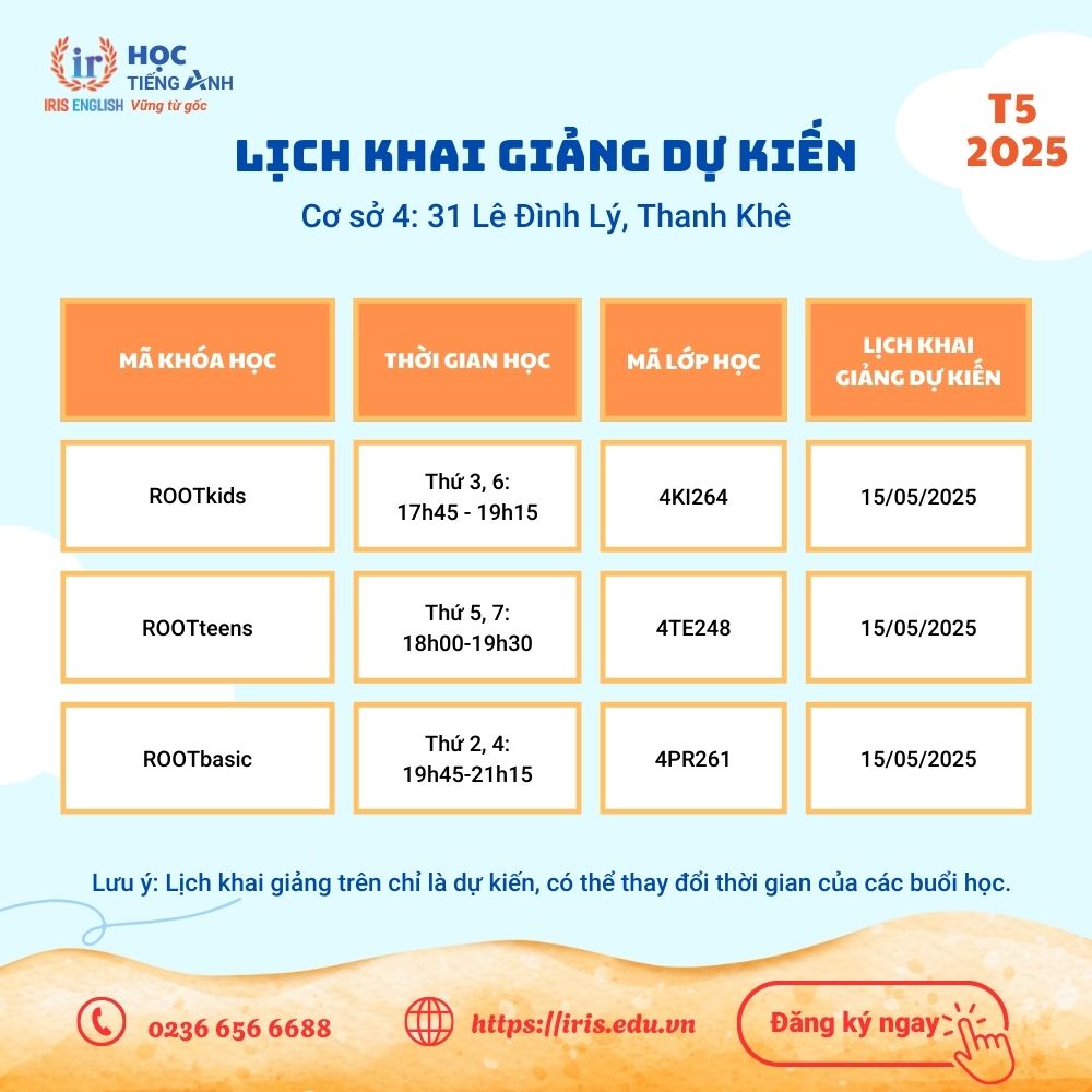 IRIS English – Lịch khai giảng dự kiến tháng 5/2025 4 Lịch khai giảng dự kiến tháng 5/2025 tại cơ sở 4